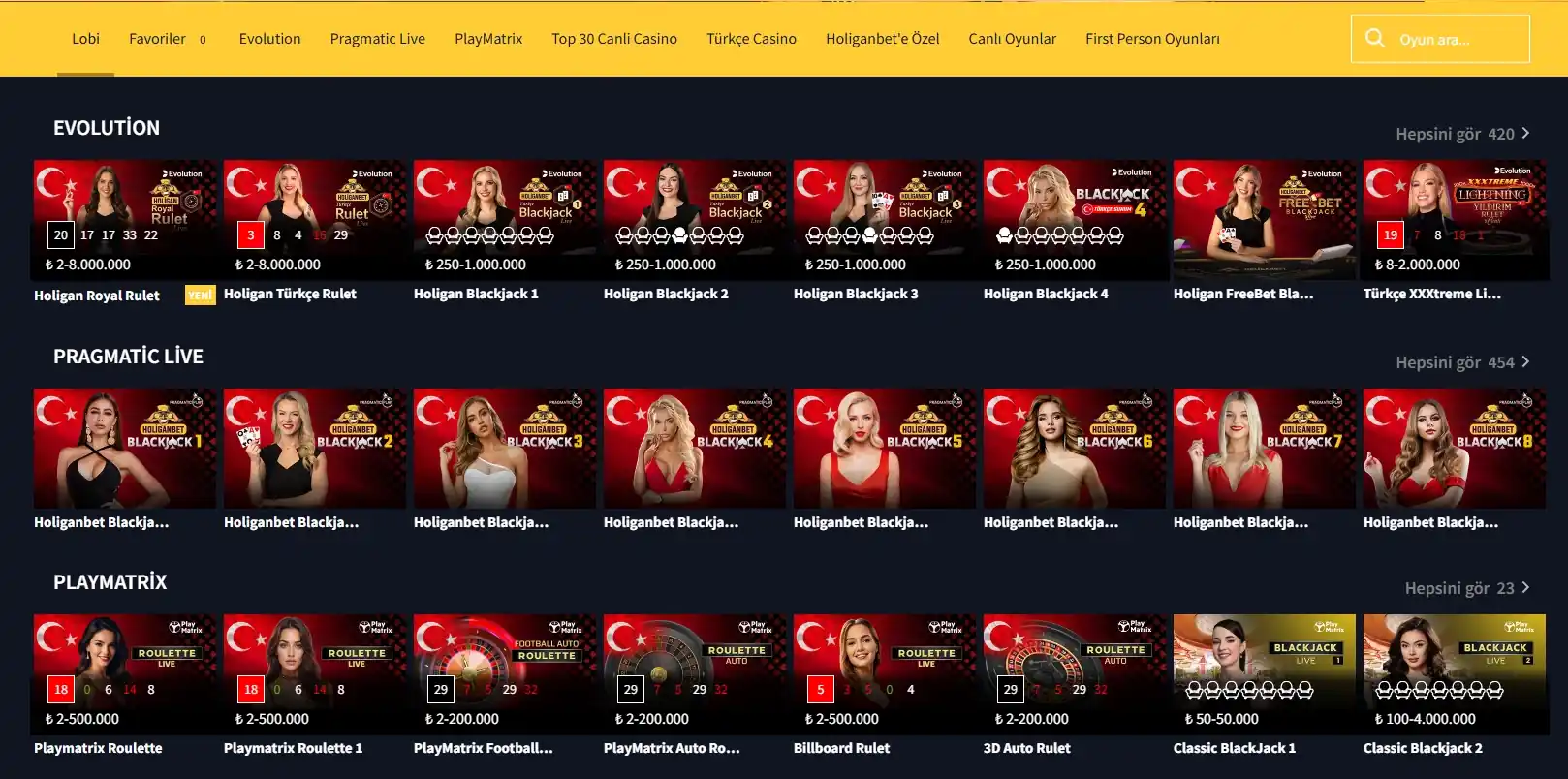 Katalogdaky Live casino kartlary we oýna goýulýan pul aralyklary