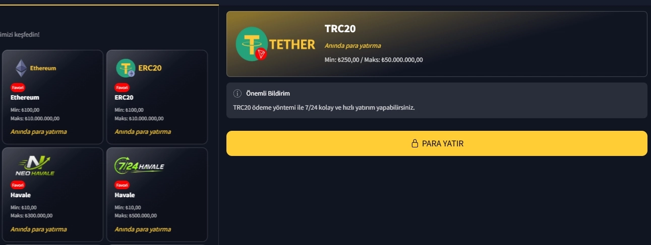 Pul geçirmek kartlary: iň pes möçberi 250 TRY bolan TRC20 we 10 TRY bolan Havale ýollary
