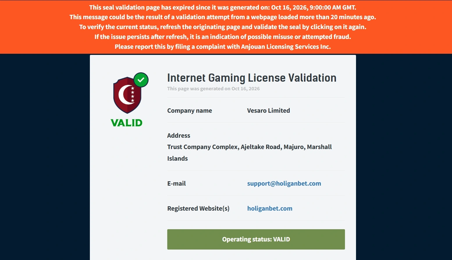 Санҷандаи Anjouan бо номи Vesaro Limited, вазъи VALID ва рақами иҷозатнома