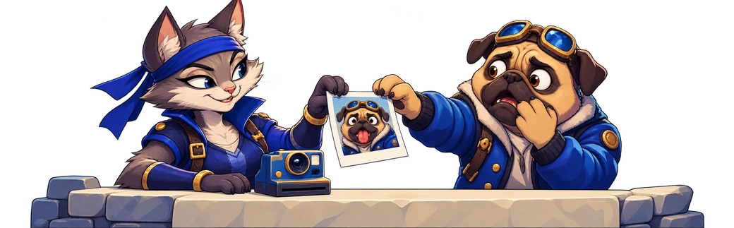 Gritty Kitties խմբի կատուն և Pug Thugs խմբի մոպսը լուսանկարչական ապարատի կողքին դիտում են մոպսի զվարճալի լուսանկարը։