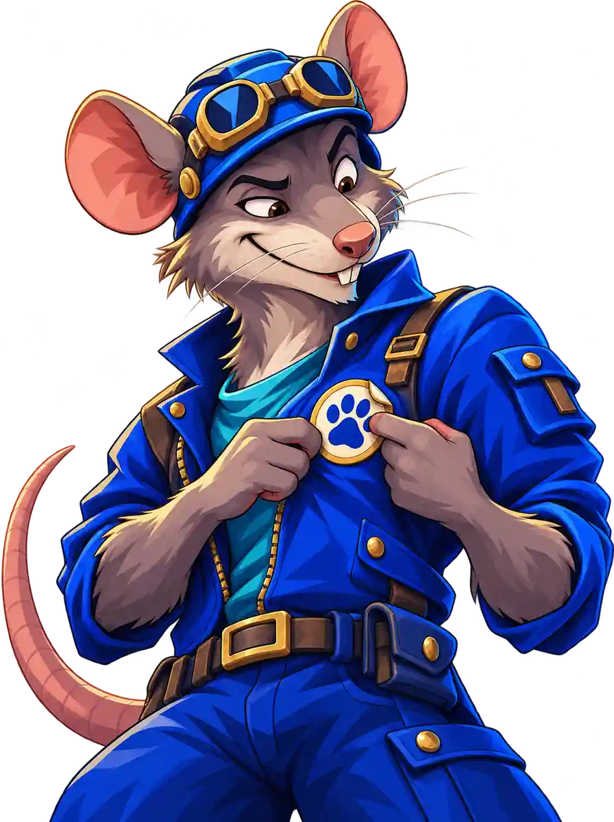 Nitropolis խաղի Rogue Rats կլանի առնետը ցույց է տալիս կապույտ բաճկոնի վրայի՝ թաթի պատկերով կլոր նշանը։