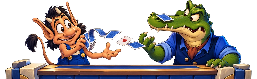 Oýun kartlary Hugo elinden uçýar, bir kart bolsa geň galan Don Croco burnuna düşýär.