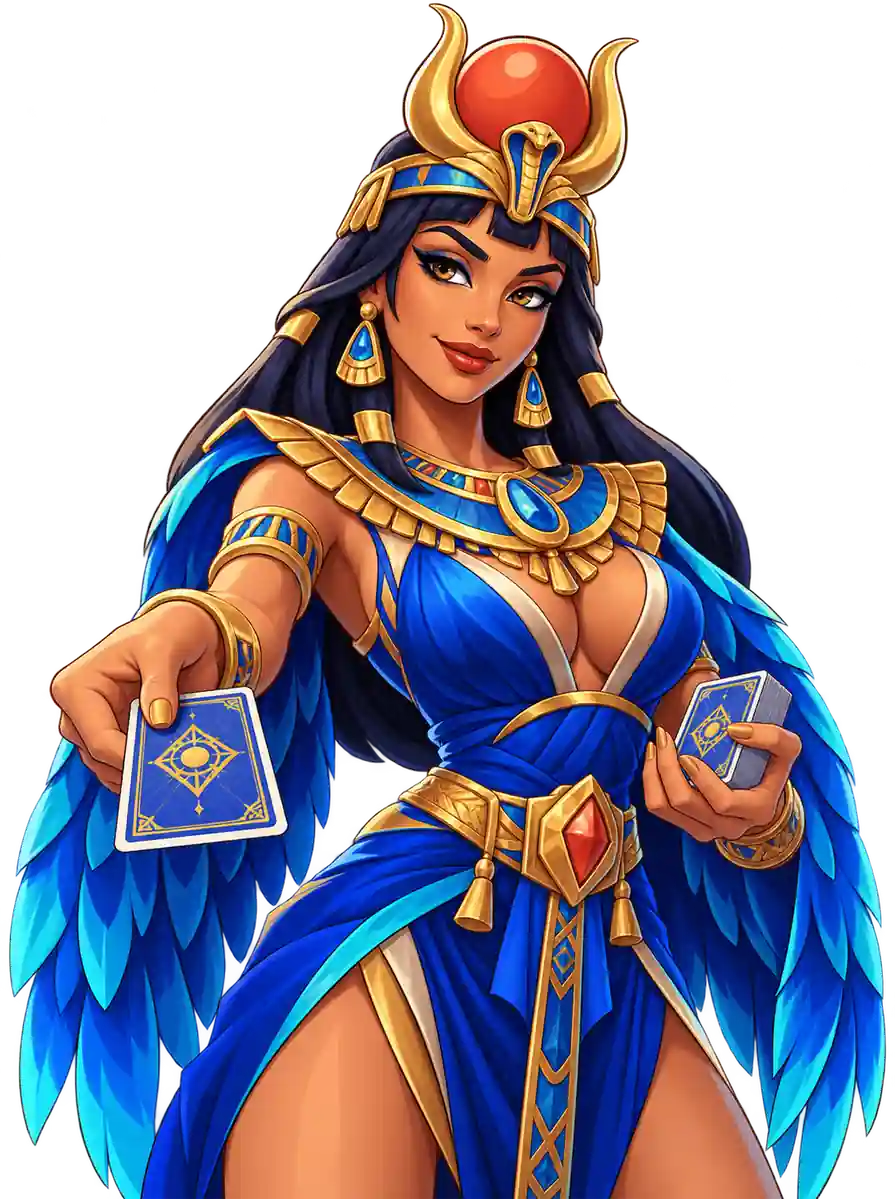 Mother of Horus խաղի Իսիդան կապույտ եգիպտական հանդերձանքով պահում է կապուկը և դիտողին մեկնում խաղաքարտ։