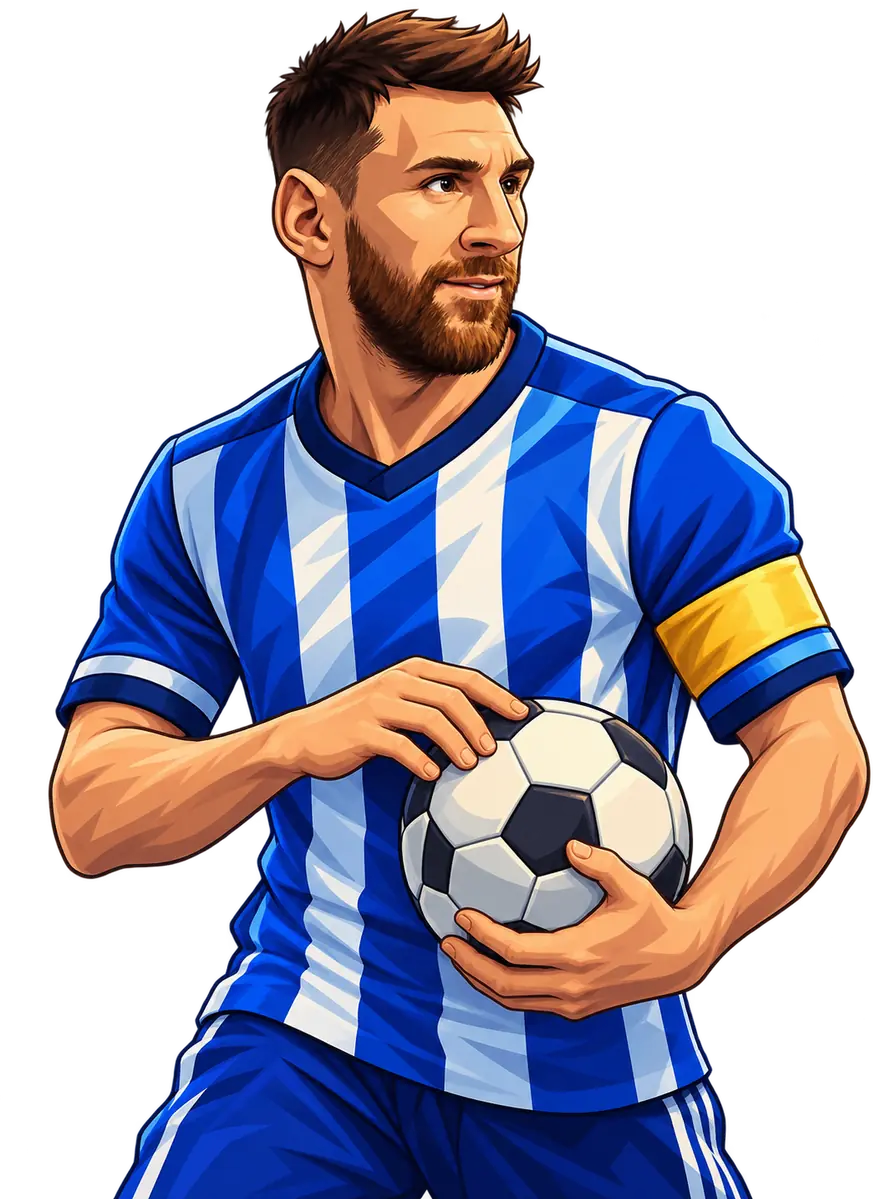 Sary kapitan daňyly gök-ak lybasly Lionel Messi öňünde futbol topuny tutýar.