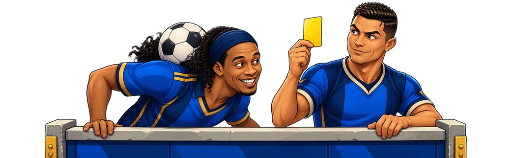 Ronaldinho topy boýnunda saklaýar, Cristiano Ronaldo bolsa oňa degişip sary kart görkezýär.