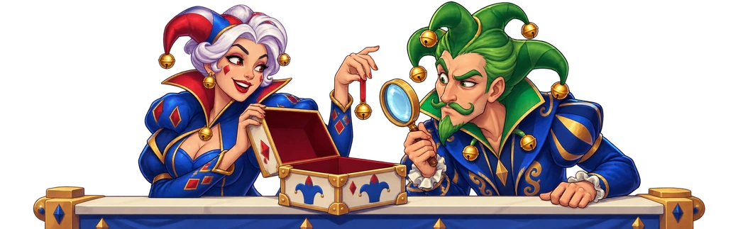 Red Joker uly gutynyň ýokarsynda kiçi jaňjagazy galdyrýar, Green Joker bolsa ony ulaldyjy aýna arkaly synlaýar.