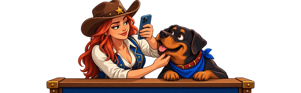 Wild Bounty Showdown խաղի հերոսուհին հեռախոս է պահում և շոյում The Dog House Megaways խաղի ռոտվեյլերի կզակի տակ։