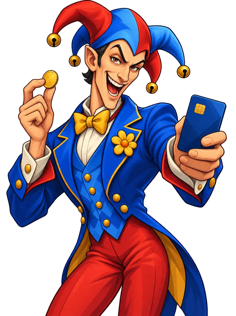 Smartsoft Joker mekir gülüp, töleg kartyny uzadýar we egniniň ýanynda altyn teňňe tutýar.
