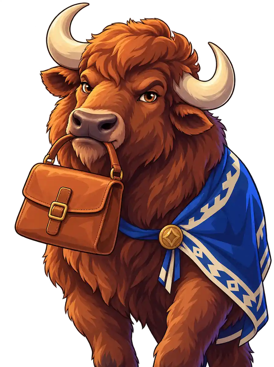 Buffalo Gold Canyon bizony gök ýapynjada ýapyk deri sumkanyň tutawajyny dodaklary bilen tutýar.