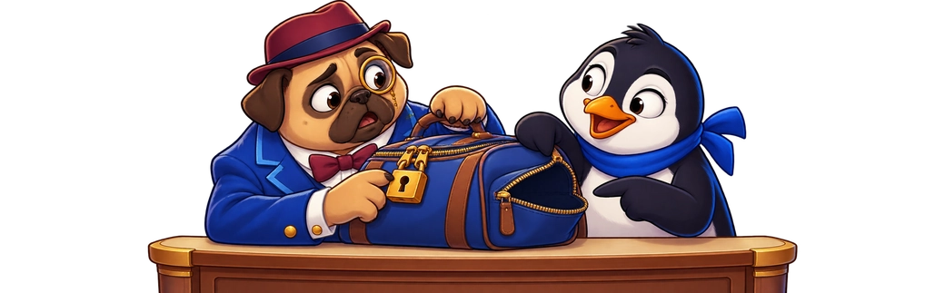 Мопси Dogmasons Megawoof қулфи сумкаро нишон медиҳад ва пингвини Pingwin Fly ҷайби паҳлуии кушодамондаро мекушояд.