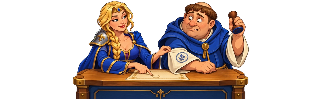Marian shows Friar Tuck a seal impression on his cuff while an unsealed document lies on the table.