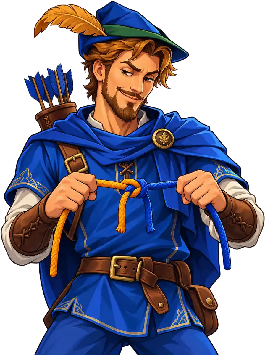 Robin Hood from Riches of Robin pulls two cords joined by one knot and checks the connection.