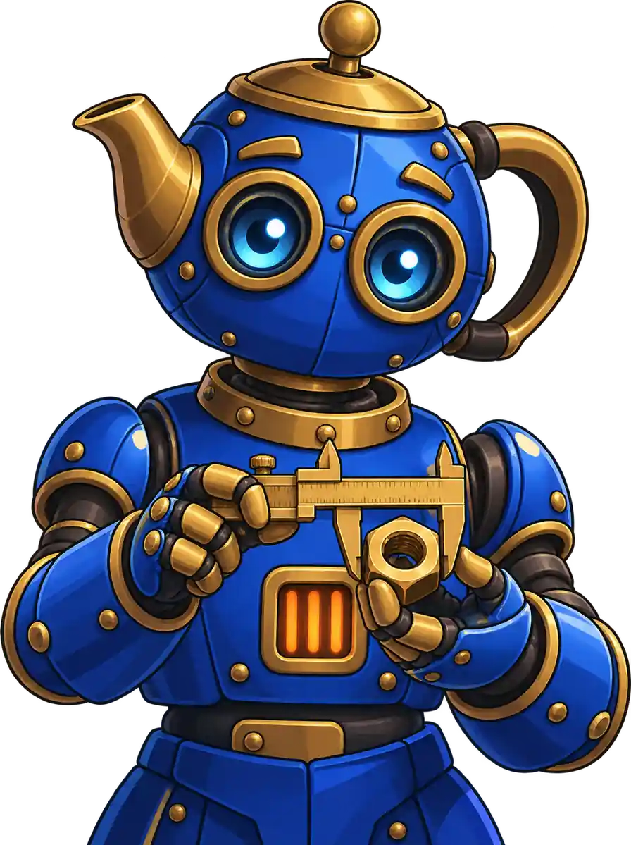 Professor Clank’s Combinator խաղի ռոբոտը ցույց է տալիս ձողակարկինում սեղմված մանեկը և նայում դիտողին։