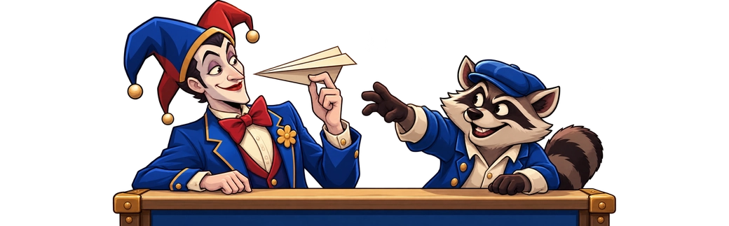 The Smartsoft Joker catches a paper plane in front of his nose while the Le Bandit raccoon watches mischievously.