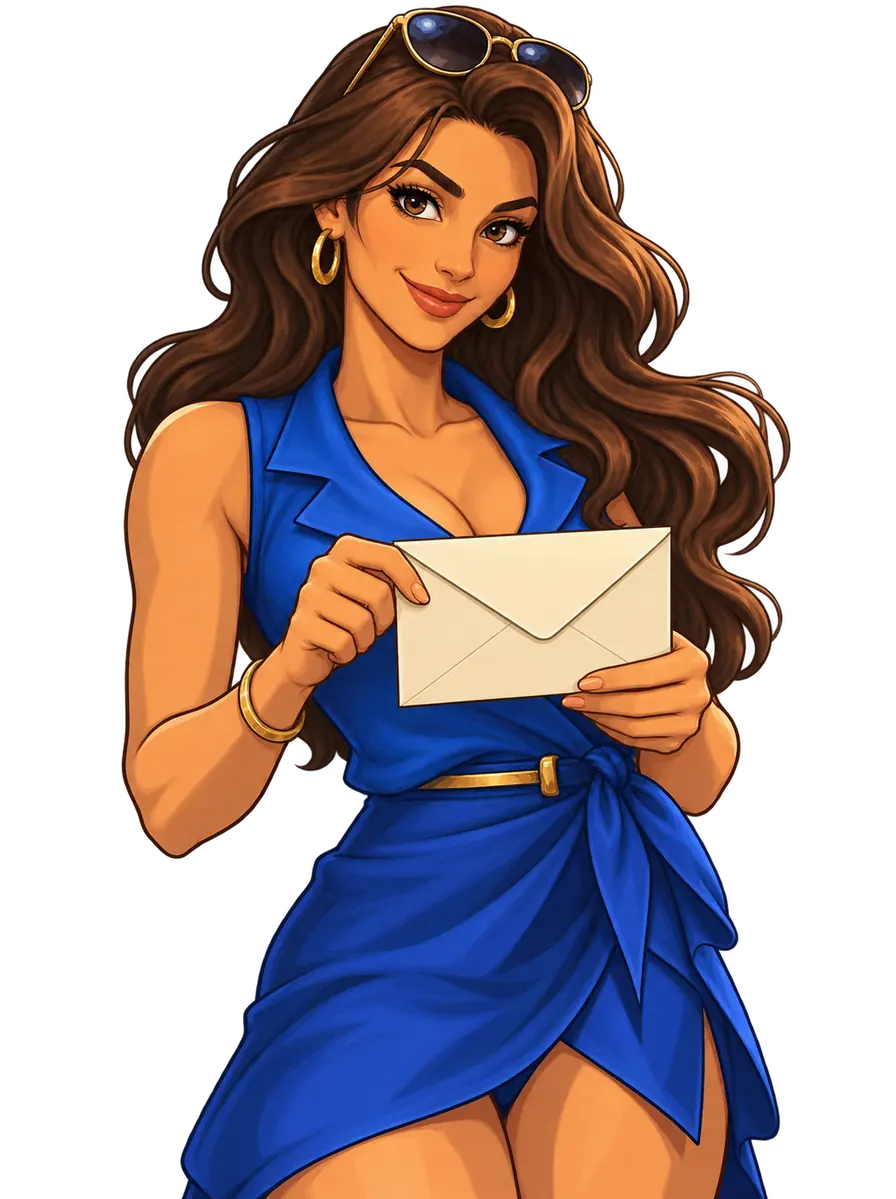 The Tropicana heroine holds a closed envelope and smiles at the viewer.