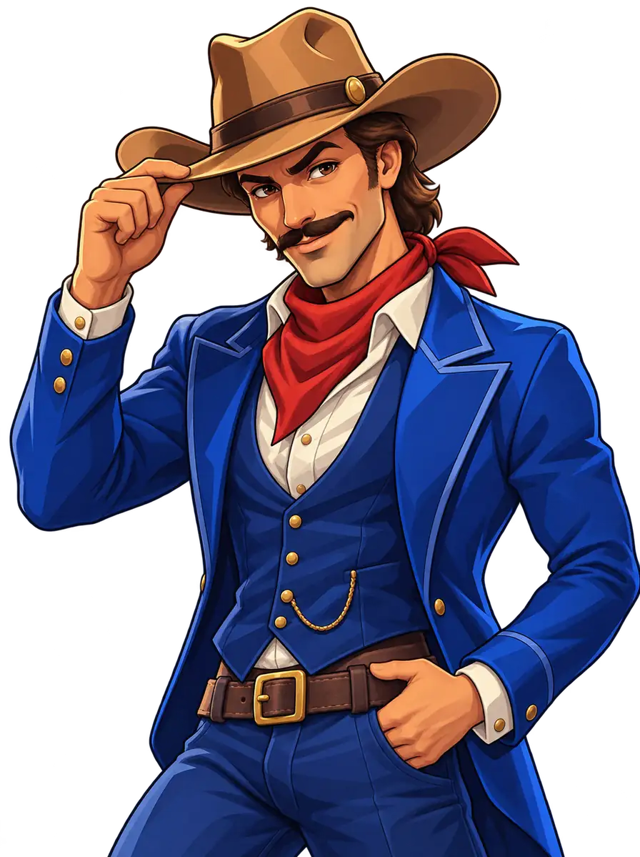 Wild West Gold կովբոյը բարձրացնում է գլխարկի եզրն ու վստահ ժպիտով նայում դիտողին։